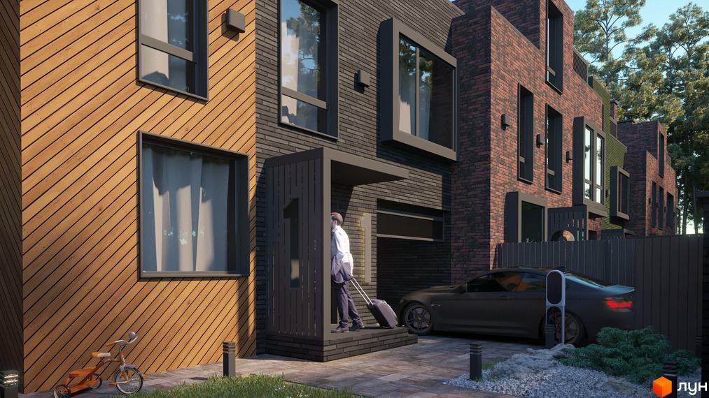 Таунхауси Madera House з дерев'яним та цегляним фасадом, вхідна група з цифрою 