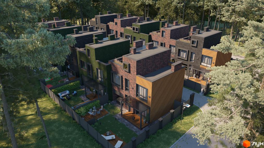 Таунхауси Madera House з цегляним та дерев'яним фасадом, розташовані серед дерев. На прибудинковій території є зони відпочинку та дитячий майданчик.