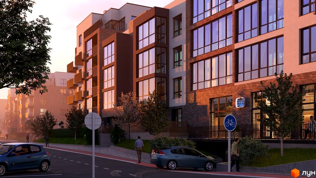 Житловий комплекс Масив Преміум: багатоповерхові будинки з цегляними та світлими фасадами, великими вікнами. Прибудинкова територія з дорогою, деревами та пішохідними доріжками.