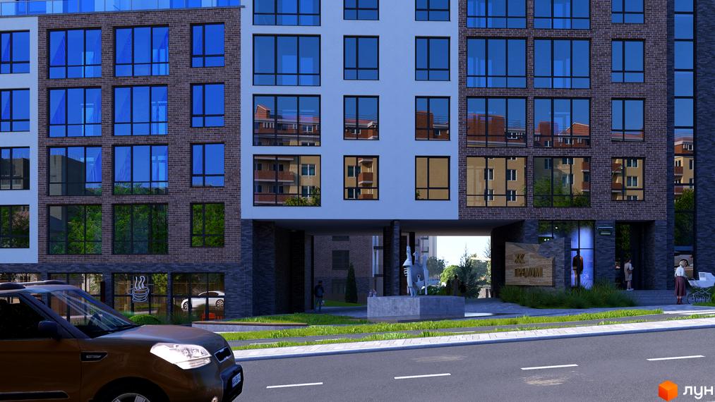 Фасад Житлового комплексу Масив Преміум виконаний з цегли та світлих секцій, з великими вікнами. На передньому плані дорога, зелена зона та прохідна арка у внутрішній двір.