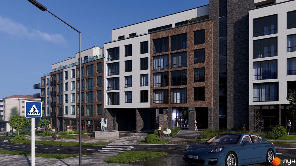 Зовнішній вигляд житлового комплексу Масив Преміум з цегляним та білим фасадом, великими вікнами та балконами. На прибудинковій території - пішохідний перехід, зелені насадження та автомобіль.