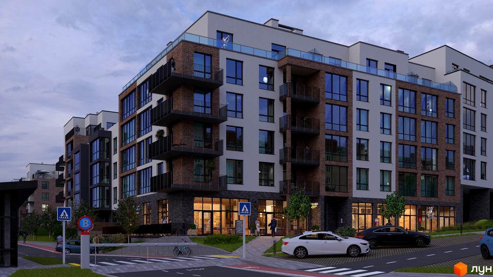 Житловий комплекс Масив Преміум з фасадом з цегли та світлих панелей, великими вікнами та балконами. На першому поверсі комерційні приміщення, поруч пішохідні зони та дорога.