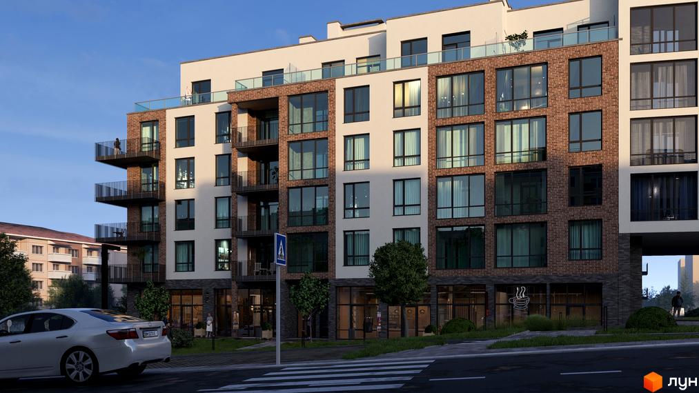 Зовнішній вигляд житлового комплексу Масив Преміум з цегляним фасадом та великими вікнами. Навколо будинку розташована прибудинкова територія з деревами та пішохідним переходом.