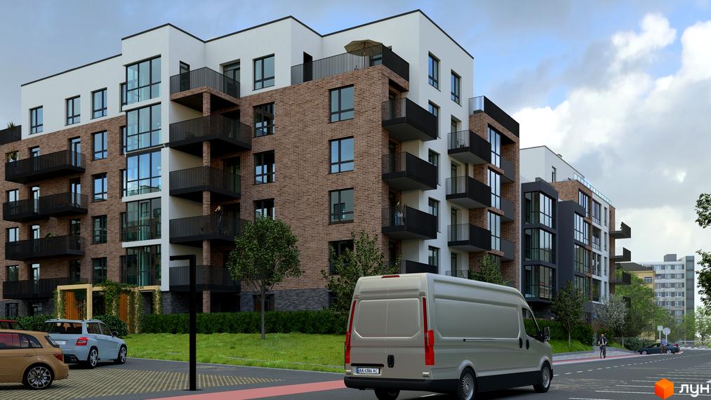 Житловий комплекс Масив Преміум - це сучасна новобудова з цегляним фасадом та чорними балконами. Територія навколо будинку озеленена, є парковка та проїжджа частина.