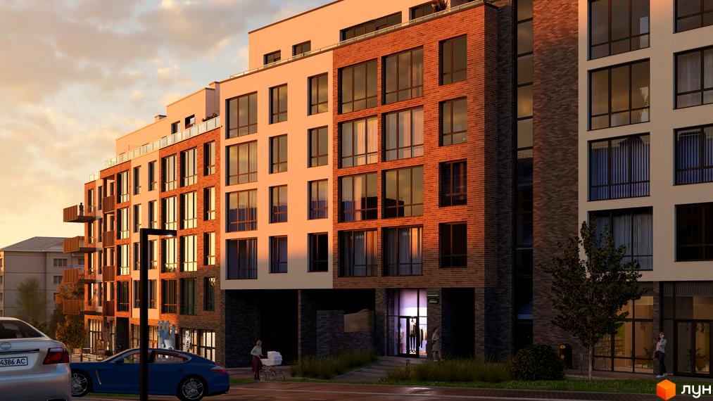 Житловий комплекс Масив Преміум з цегляним фасадом та великими вікнами, на тлі заходу сонця. На прибудинковій території видно автомобілі та пішохідну зону.