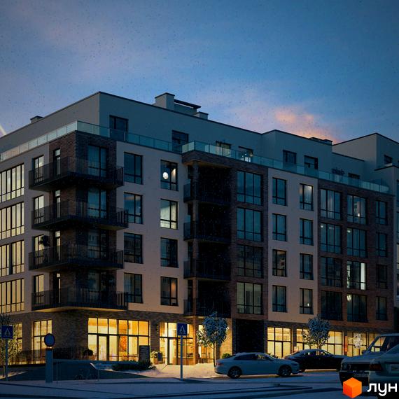 Зовнішній вигляд новобудови ЖК Масив Преміум з великими вікнами та балконами вночі під дощем. Навколо будинку видно освітлені вулиці та припарковані автомобілі.