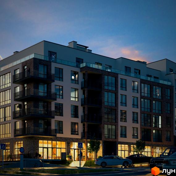 Вечірній вигляд Новобудови Масив Преміум: багатоповерховий будинок з балконами, освітленими комерційними приміщеннями та прилеглою територією з авто.
