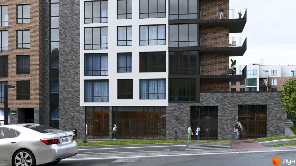 Фасад житлового комплексу Масив Преміум з цегляними та білими елементами, великими вікнами та балконами. Поруч дорога з автомобілем та пішохідним переходом.