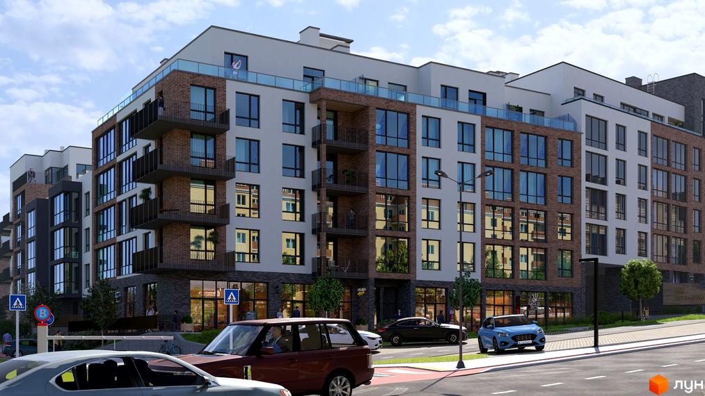 Житловий комплекс Масив Преміум: багатоповерхова будівля з цегляними та світлими фасадами, балконами. Поруч дорога з автомобілями та пішохідна зона.