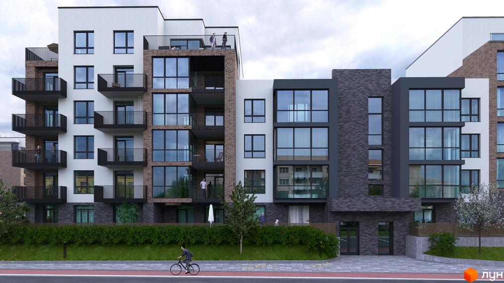 Зовнішній вигляд житлового комплексу Масив Преміум з цегляними та білими фасадами, великими вікнами та балконами. Прибудинкова територія з деревами та зеленню.