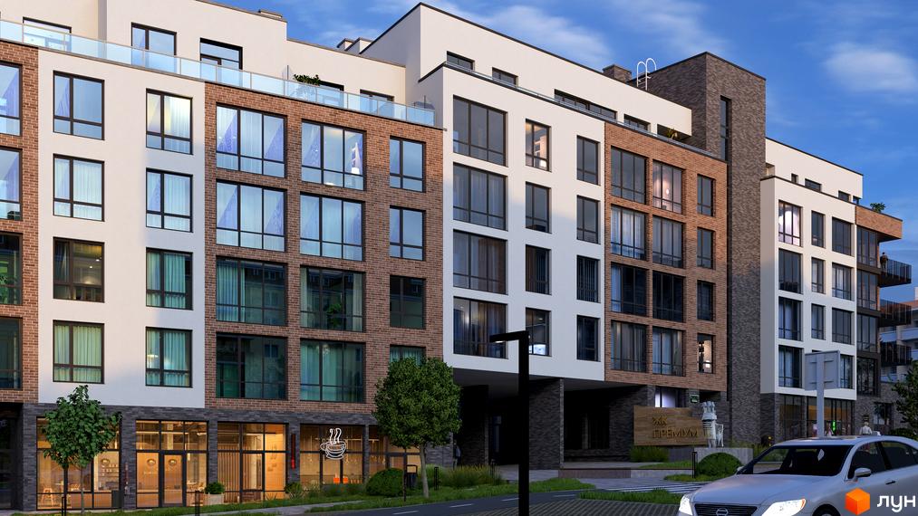 Житловий комплекс Масив Преміум з білим фасадом та цегляними вставками, великими вікнами. На першому поверсі комерційні приміщення, поруч зелені насадження та дорога.
