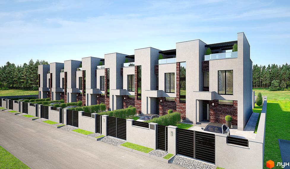 Таунхауси FAMILY PARK RESIDENCE BC з цегляним оздобленням та великими вікнами, з доглянутою прибудинковою територією та парканом.