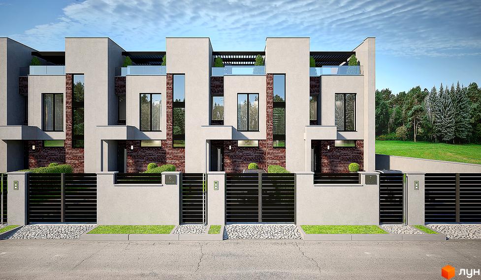 Зовнішній вигляд таунхаусів FAMILY PARK RESIDENCE BC з цегляним оздобленням та великими вікнами. Прибудинкова територія з парканом та зеленими насадженнями.