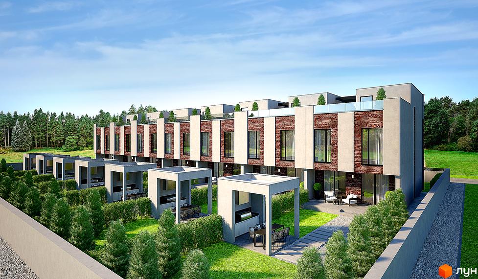 Зображення сторінки житлового комплексу FAMILY PARK RESIDENCE BC. Таунхауси з терасами та зоною барбекю, зелені газони та доріжки.