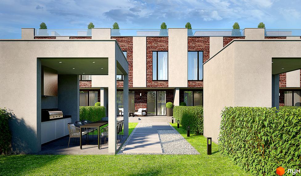 Зображення фасаду таунхаусів FAMILY PARK RESIDENCE BC з червоної цегли та білого оздоблення. На прибудинковій території газон, доріжка з гравію та зелені насадження.