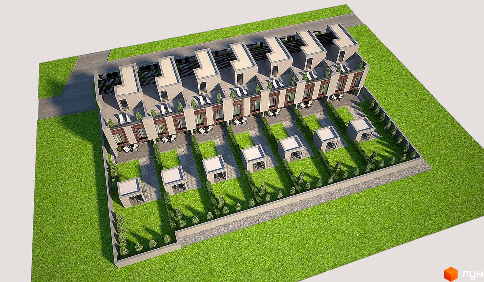 Таунхауси FAMILY PARK RESIDENCE BC – це сучасні будинки з індивідуальними ділянками та альтанками, розташовані на доглянутій зеленій території.