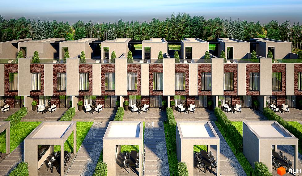 Таунхауси FAMILY PARK RESIDENCE BC з цегляним фасадом та великими вікнами, з прибудинковою територією з газоном та альтанками.