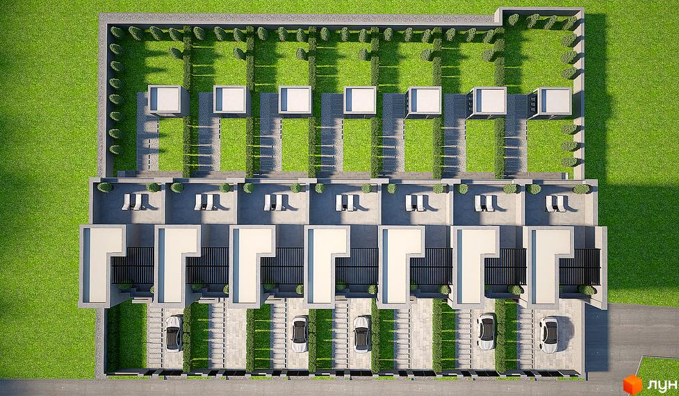 Таунхауси FAMILY PARK RESIDENCE BC з паркуванням та зеленими зонами. Вид зверху на архітектуру та ландшафт комплексу.