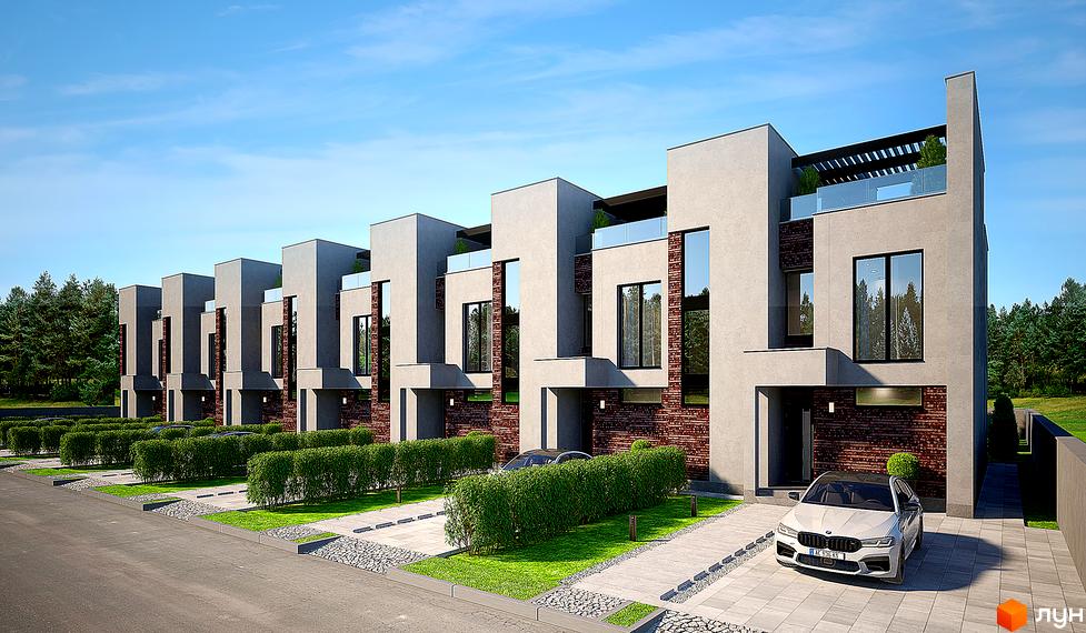 Зображення фасаду таунхаусів FAMILY PARK RESIDENCE BC з сірими стінами, великими вікнами та цегляними вставками. Перед будинками доглянута прибудинкова територія з газонами та кущами.