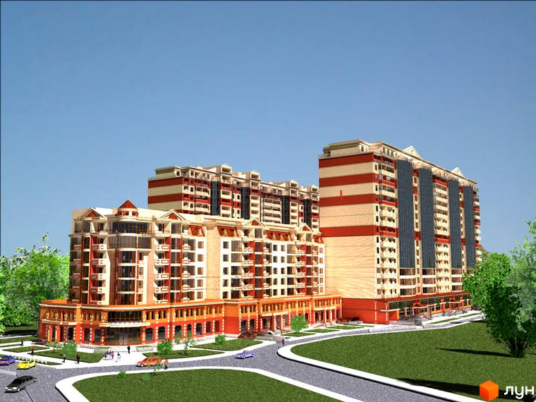 Житловий комплекс Армійський: багатоповерхові будинки з фасадами у світлих та червоних тонах. Навколо облаштована територія з дорогами та зеленими насадженнями.