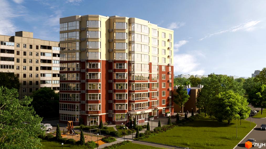 Новобудова ВИВСКА на вул. Героїв АТО, 81: багатоповерховий будинок з червоним та світлим фасадом, зелена прибудинкова територія з дитячим майданчиком.