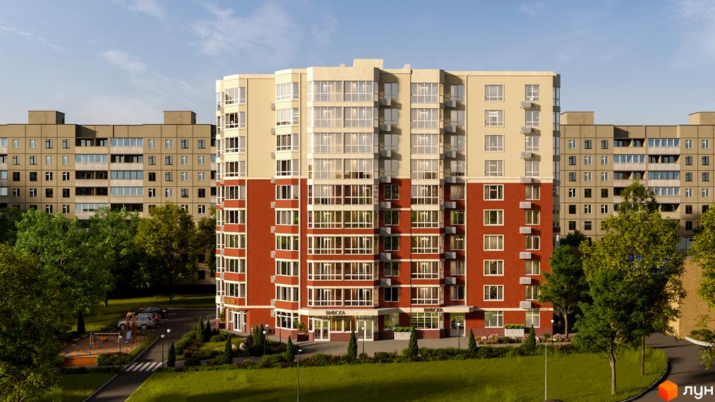 Багатоповерховий житловий комплекс на вулиці Героїв АТО, 81, з цегляним фасадом та великою кількістю вікон. На прибудинковій території є дитячий майданчик та зелені насадження.