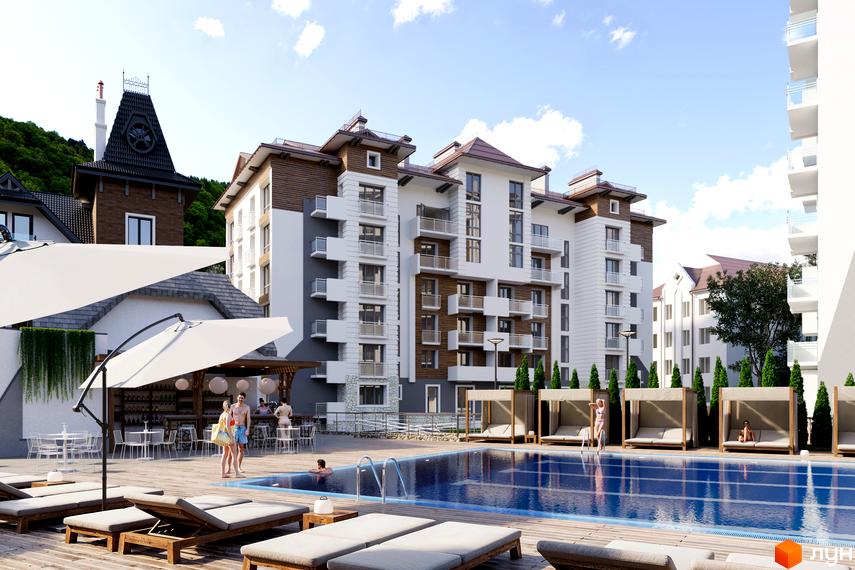 Новобудова Крайобраз з басейном та зонами відпочинку. Сучасний житловий комплекс з балконами та терасами біля гір.