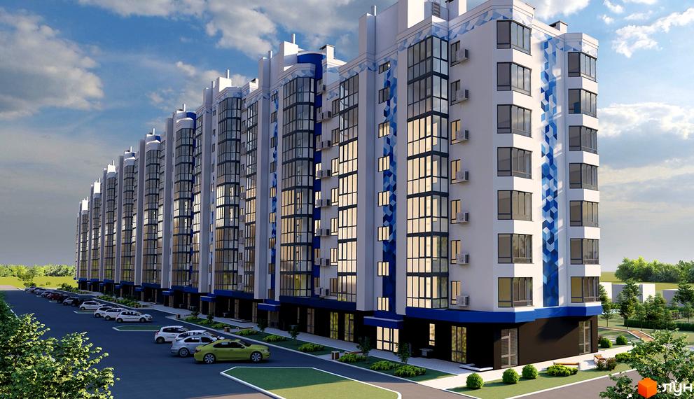 Зовнішній вигляд житлового комплексу Сонячний з багаторівневими вікнами та синіми декоративними елементами фасаду. На прибудинковій території розташована парковка з автомобілями.