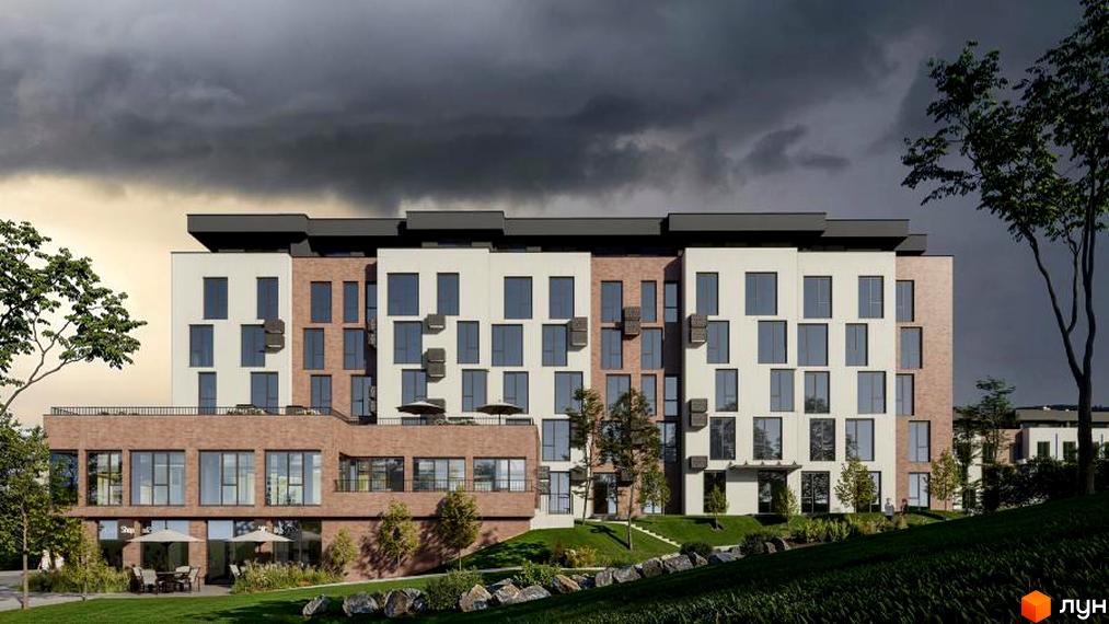 Новобудова ЖК Вілла Зубра з цегляним та білим фасадом, великою кількістю вікон та балконів. Прибудинкова територія з зеленим газоном, деревами та місцями для відпочинку.