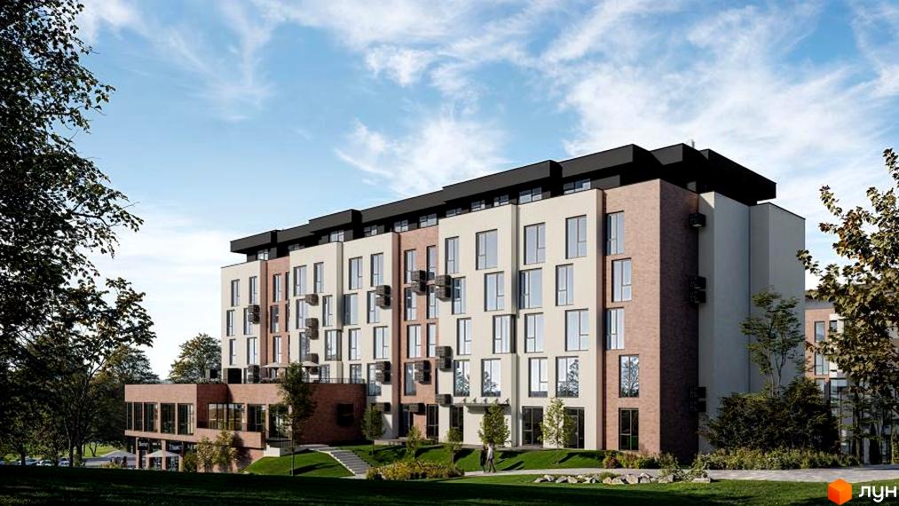 Сучасний житловий комплекс Вілла Зубра з фасадами різних кольорів та великими вікнами. Перед будинком зелена галявина з деревами та доріжками.