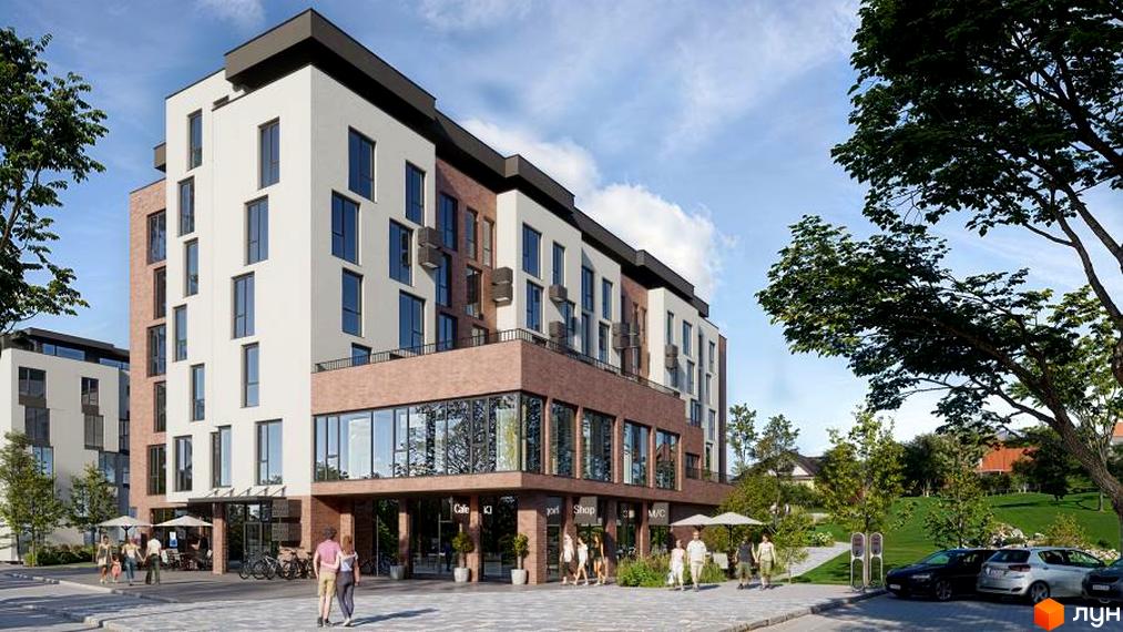 Зовнішній вигляд новобудови ЖК Вілла Зубра. Навколо будинку розташована прибудинкова територія з деревами та парковкою.