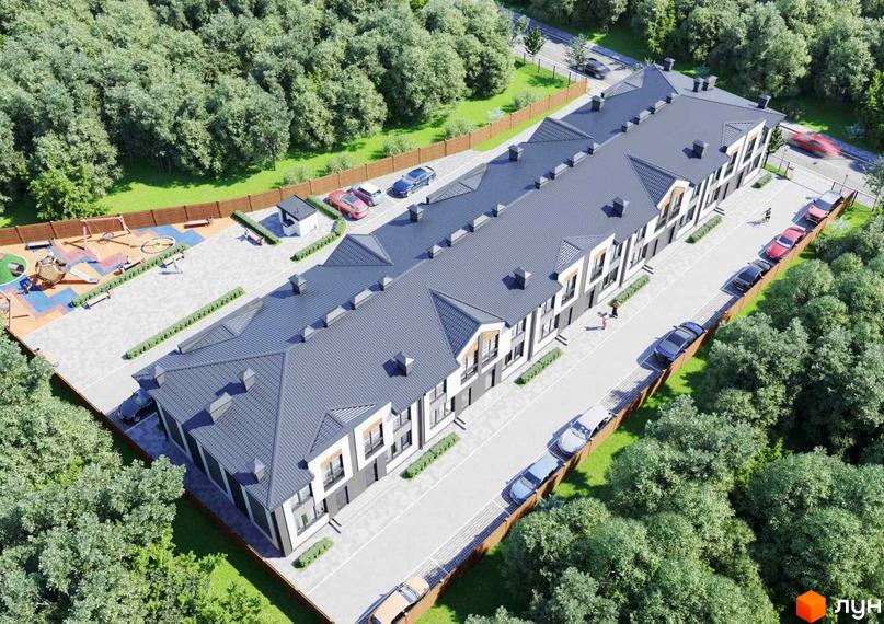 Вид на таунхауси COMFORT RESIDENCE. Будинки з сірими дахами та білими фасадами. На території є парковка, дитячий майданчик та зелені насадження.