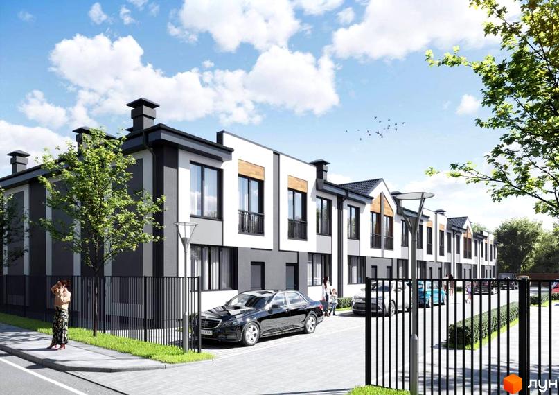 Таунхауси COMFORT RESIDENCE - це сучасні двоповерхові будинки з чорними дахами, біло-сірими фасадами та дерев'яними елементами. Прибудинкова територія облаштована парканом та зеленими насадженнями.