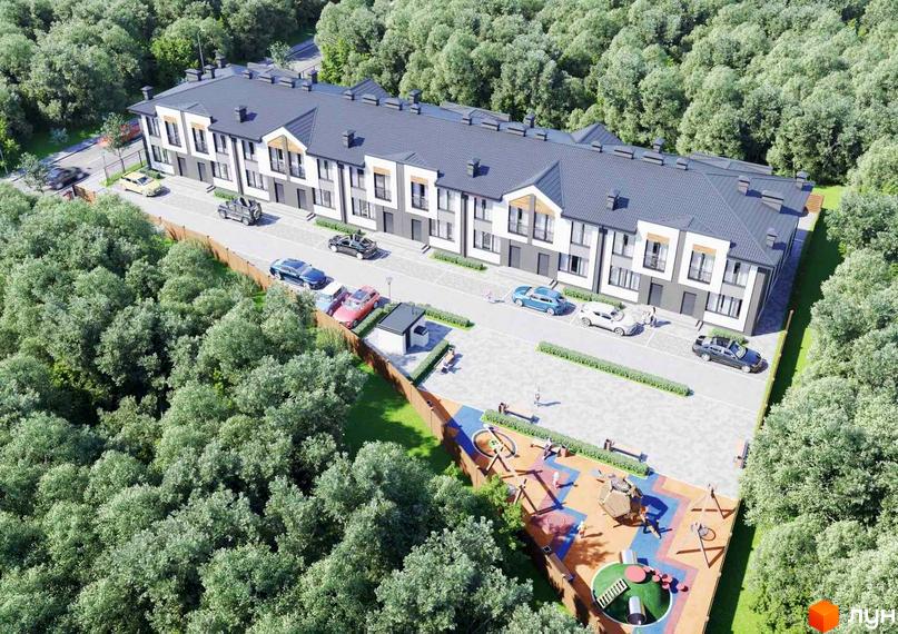 Зображення житлового комплексу COMFORT RESIDENCE. Будинки з сірими дахами та біло-сірими фасадами. На території є парковка та дитячий майданчик.