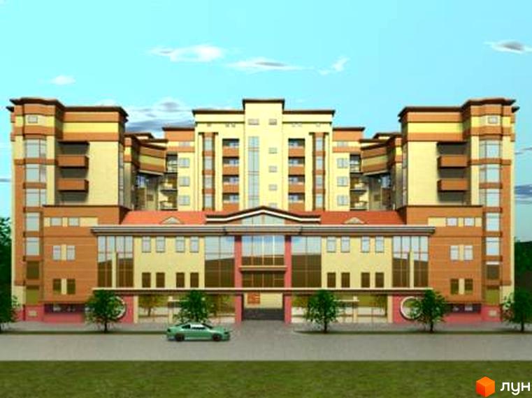 Зображення фасаду Житлового комплексу на вулиці Мазепи, 141-143. Багатоповерхова будівля з великими вікнами та зеленою прибудинковою територією.