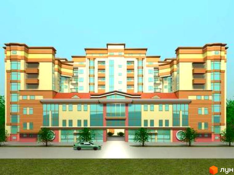 Зображення фасаду Житлового комплексу на вулиці Мазепи, 141-143. Багатоповерхова будівля з великими вікнами та прилеглою територією.