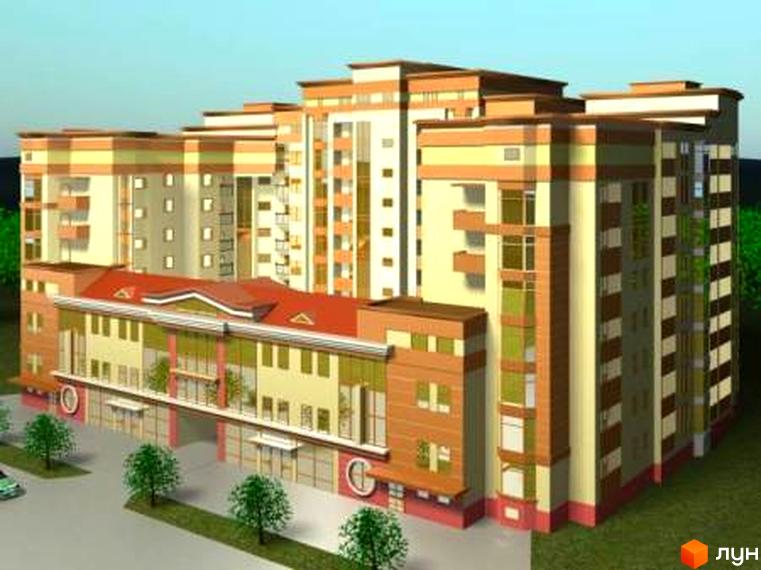 Зображення фасаду Житлового комплексу по вулиці Мазепи, 141-143. Багатоповерхова будівля з червоним дахом та зеленими насадженнями.