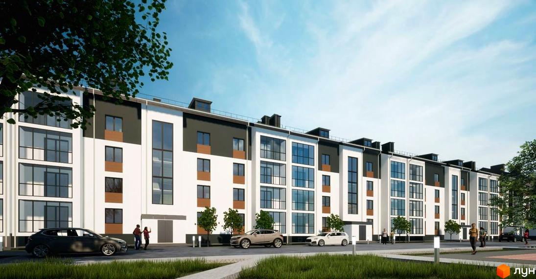 Зовнішній вигляд житлового комплексу ЖК Центральний з біло-сірими фасадами, великими вікнами та прибудинковою територією з автомобілями та людьми. Опис новобудови для просування сайту.