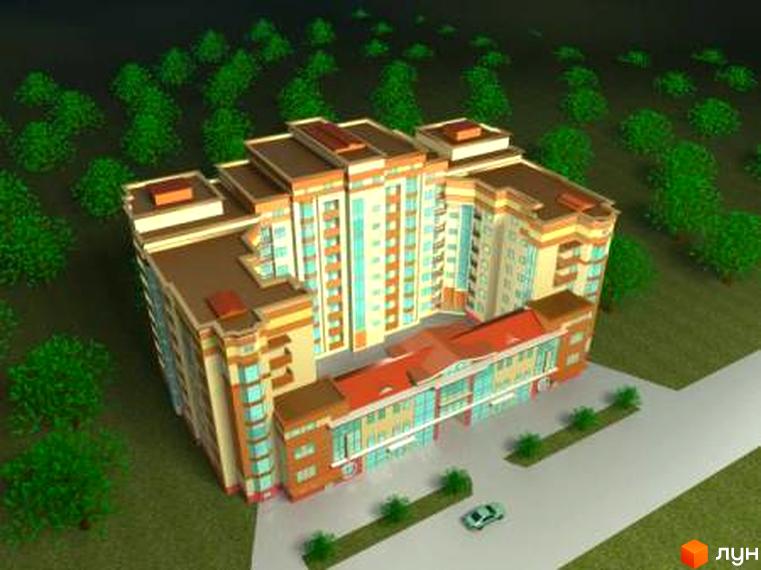 Зображення Житлового комплексу на вулиці Мазепи, 141-143. Багатоповерхова будівля з прибудинковою територією, газонами та деревами.