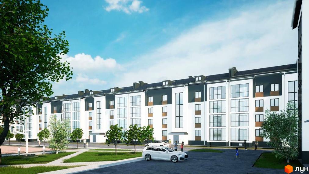 Зовнішній вигляд новобудови ЖК Центральний з великими вікнами та балконами, прибудинкова територія з деревами та автомобілями.