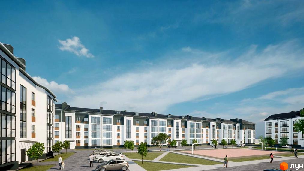 Житловий комплекс Центральний: білі багатоповерхові будинки з великими вікнами, паркінг та спортивний майданчик.