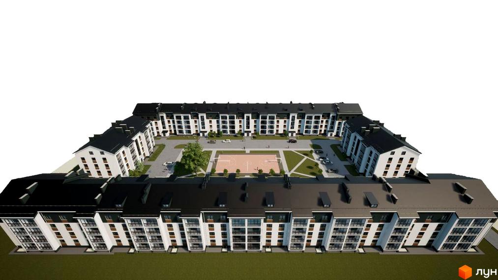 Зовнішній вигляд житлового комплексу Центральний з баскетбольним майданчиком та парковкою. Комплекс має білі фасади та темні дахи.