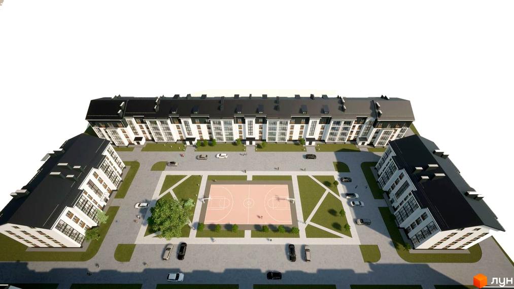 Житловий комплекс Центральний з баскетбольним майданчиком та парковкою. Зовнішній вигляд новобудови з чорним дахом та білими фасадами.