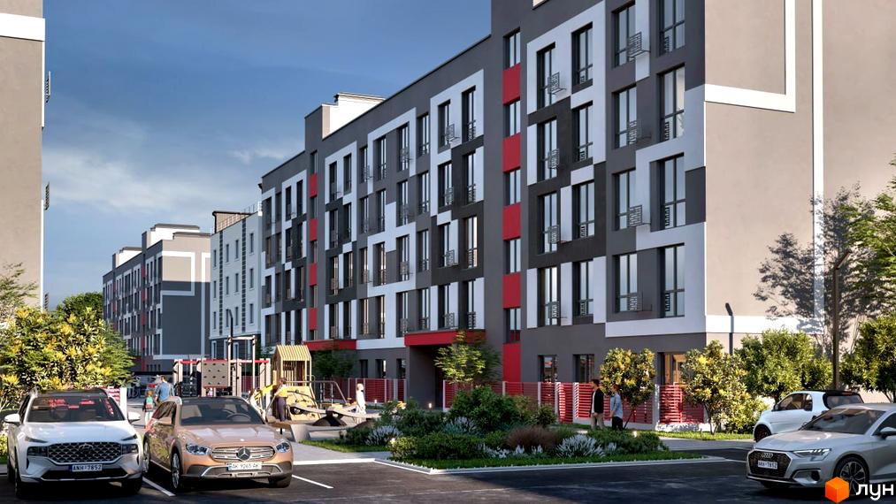 Зовнішній вигляд житлового комплексу Рідний-3 з сірими та білими фасадами, червоними вставками та балконами. Прибудинкова територія з паркуванням, дитячим майданчиком та зеленими насадженнями.