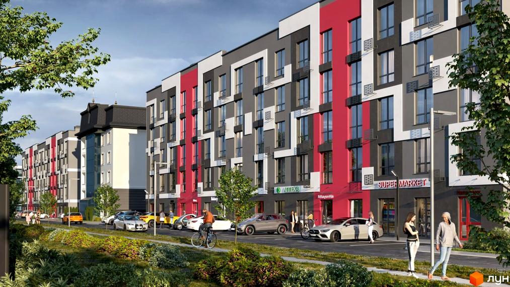 Житловий комплекс Рідний-3 - це сучасна новобудова з яскравим фасадом та доглянутою прибудинковою територією з парковкою та зеленими зонами.