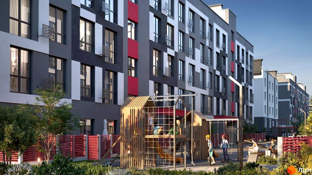 Житловий комплекс Рідний-3: фасади будівель з червоними та сірими елементами, дитячий майданчик з дерев'яними конструкціями та зона відпочинку.