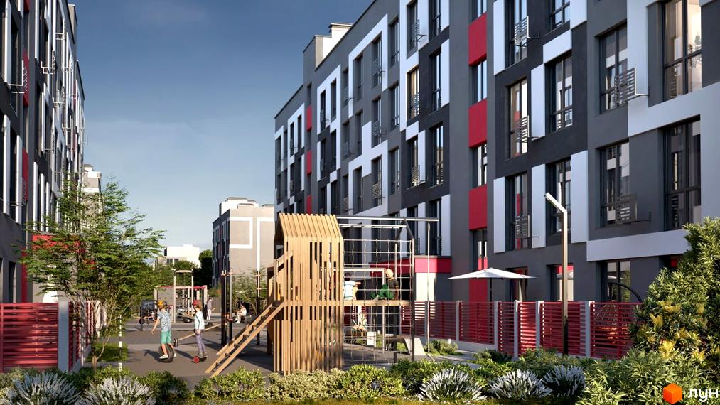 Новобудова ЖК Рідний-3 з фасадами сірого, білого та червоного кольорів. На прибудинковій території розташований дитячий майданчик з дерев'яними елементами та зелені насадження.