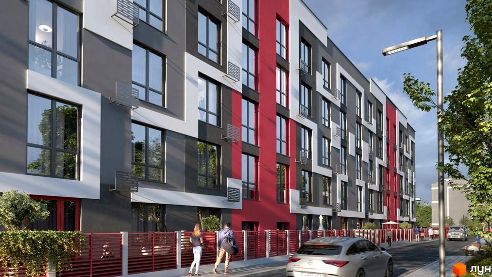 Зовнішній вигляд будинку ЖК Рідний-3 з червоними та сірими елементами фасаду, вікнами та прибудинковою територією з парканом та деревами.