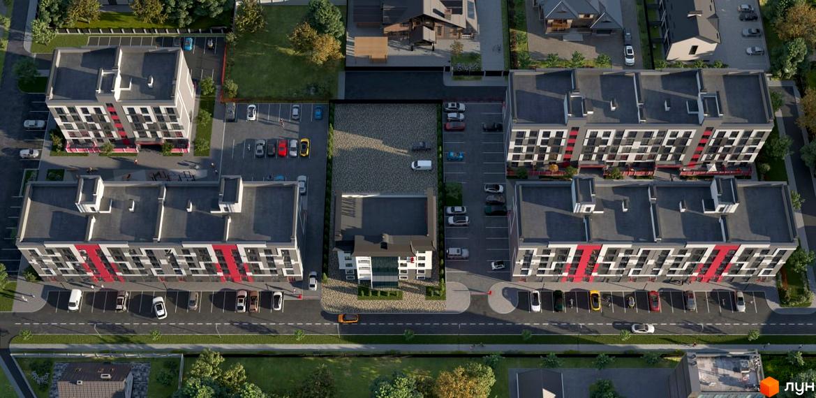 Зовнішній вигляд житлового комплексу Рідний-3 з фасадами, оздобленими червоними та сірими елементами, та прибудинковою територією з парковкою та зеленими зонами.