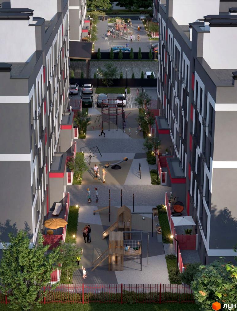 Зовнішній вигляд будинків ЖК Рідний-3 з дитячим майданчиком та зонами відпочинку на прибудинковій території. Комплекс має сіро-білі фасади з червоними акцентами.